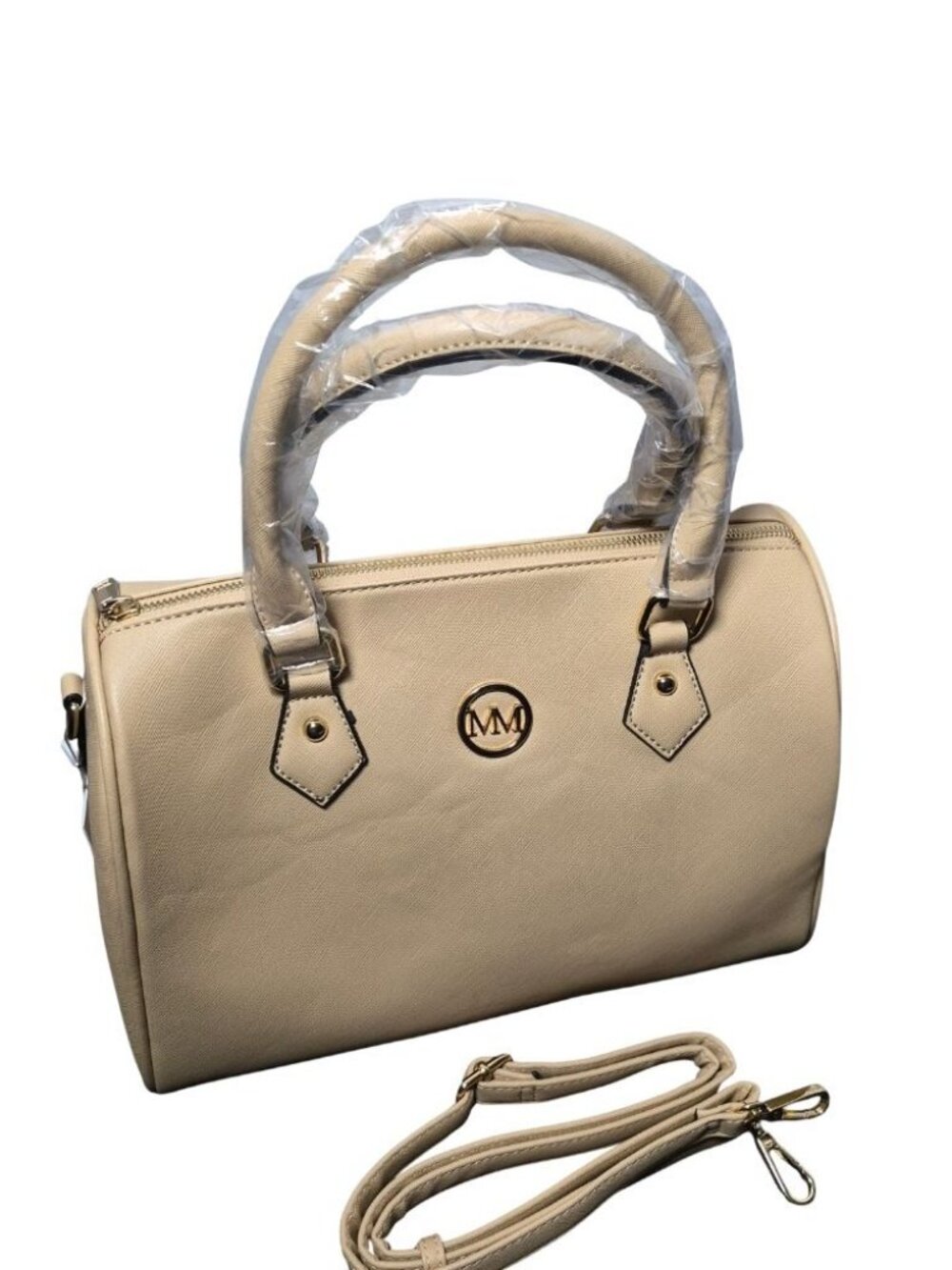 Beige Double Handle Handbag with Detachable Strap & Red Interior